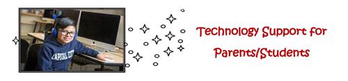 Student at Computer with title Technology Support for parents/Student 